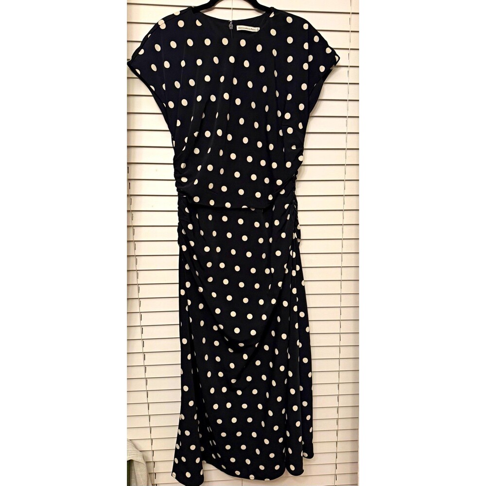 Abercrombie & Fitch Black White Polka Dot Ruched Midi Dress XL Short Sleeve